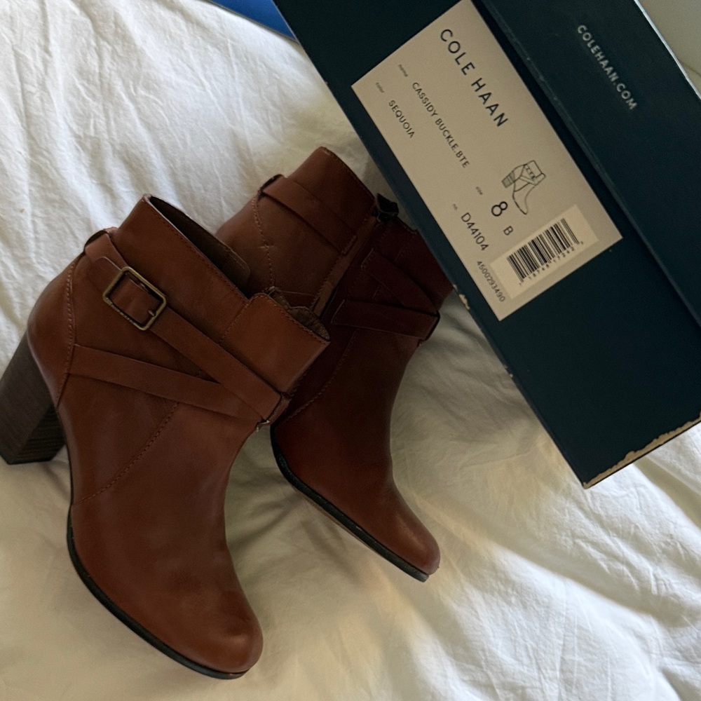 Cole Haan Chestnut Brown Leather Ankle Booties with Buckle Strap - Picture 2 of 4